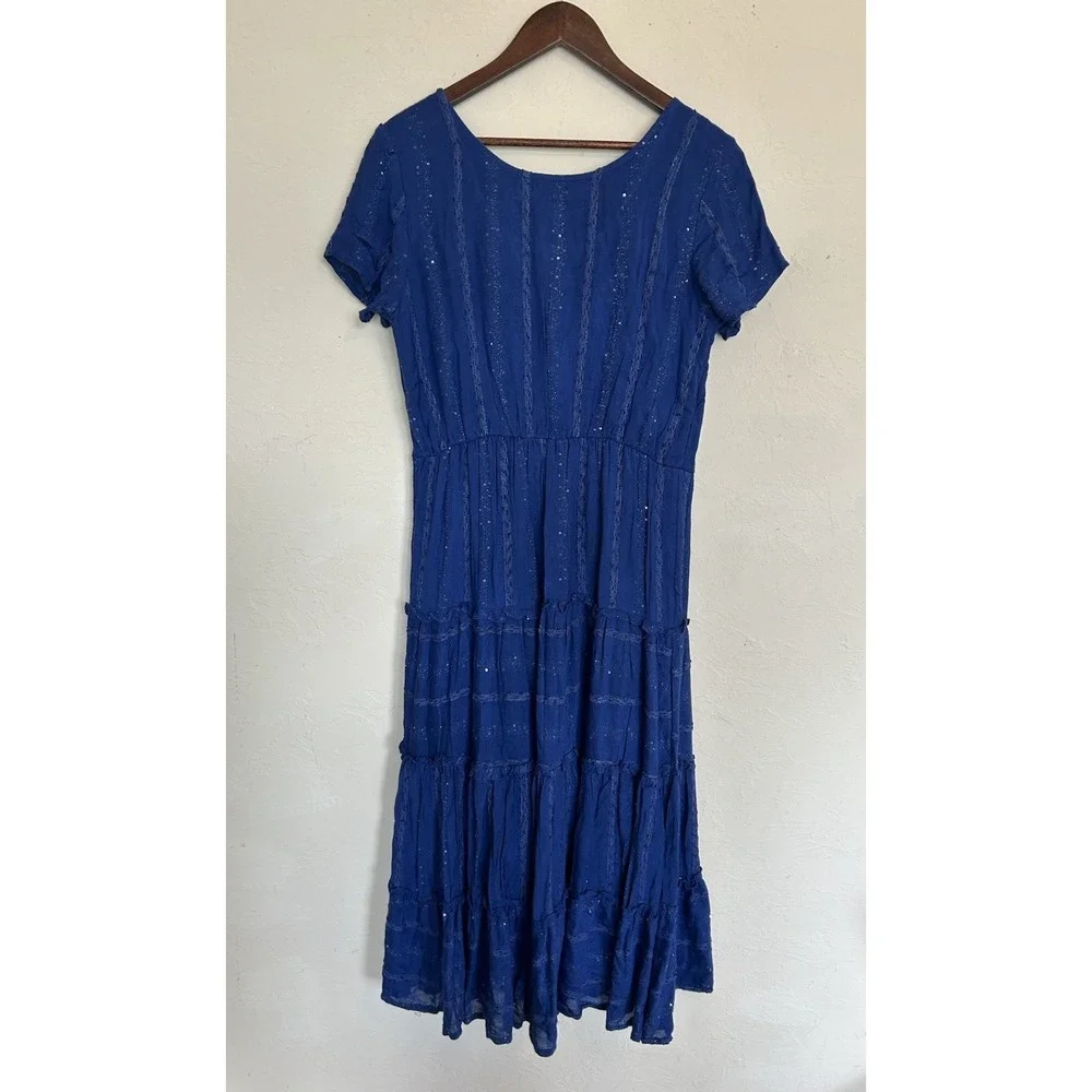 Soft Surroundings Kara Shimmer Tiered Maxi Dress M NWT Blue Peasant Resort Beach
